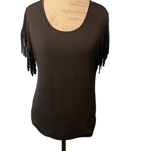 Black western fringe rayon/spandex blend top.